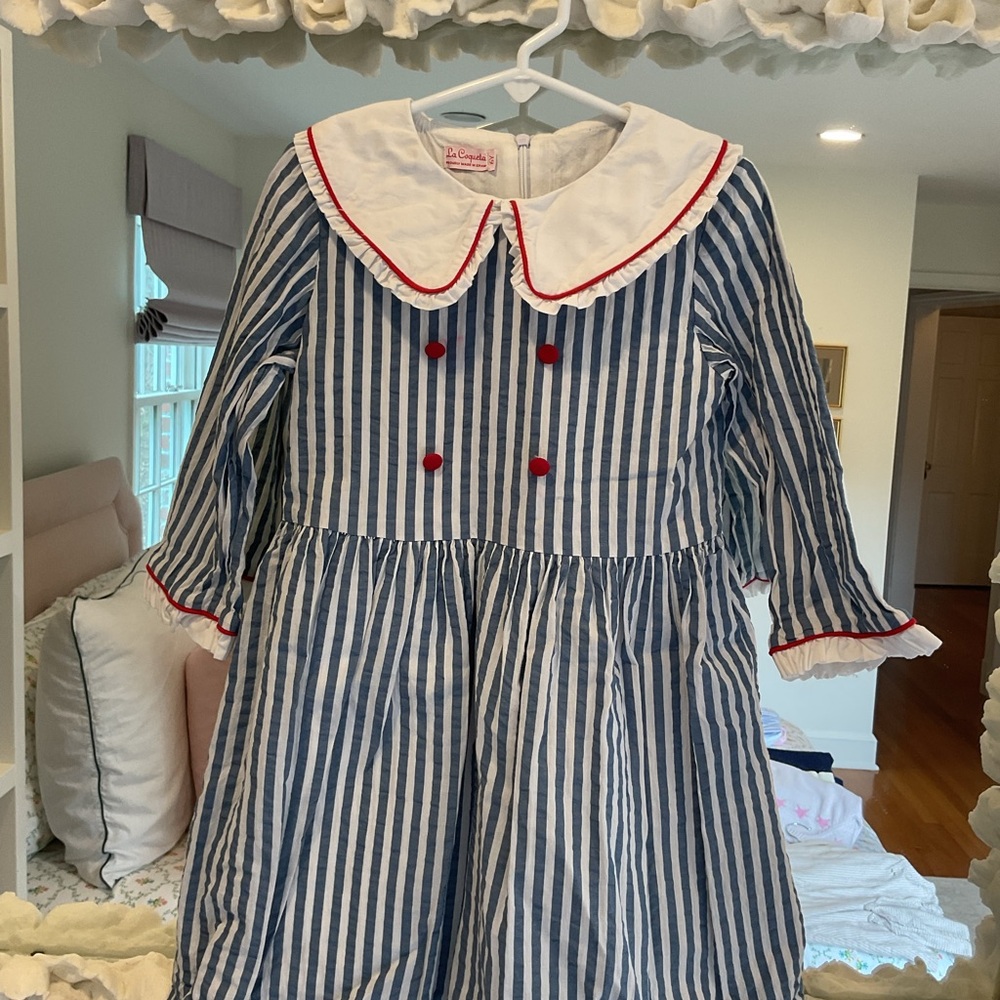 Classic Blue & White Striped Kids Dress with Red Trim